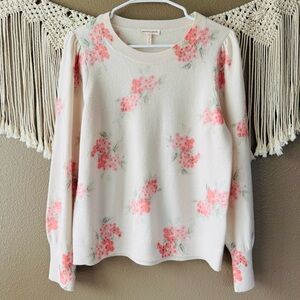 Rebecca Taylor Maia Floral Rose 100% wool cream crew neck Sweater pullover B